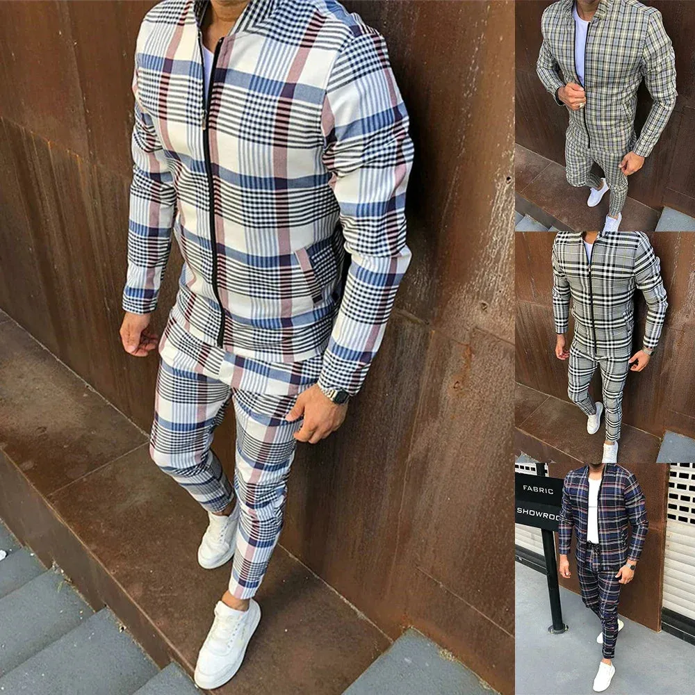 Wiaofellas  -  Autumn Two-Piece Mens Fashion Casual Printed Sportswear New Stand-Up Collar Zipper Cardigan Jacket Straight Pants Suit