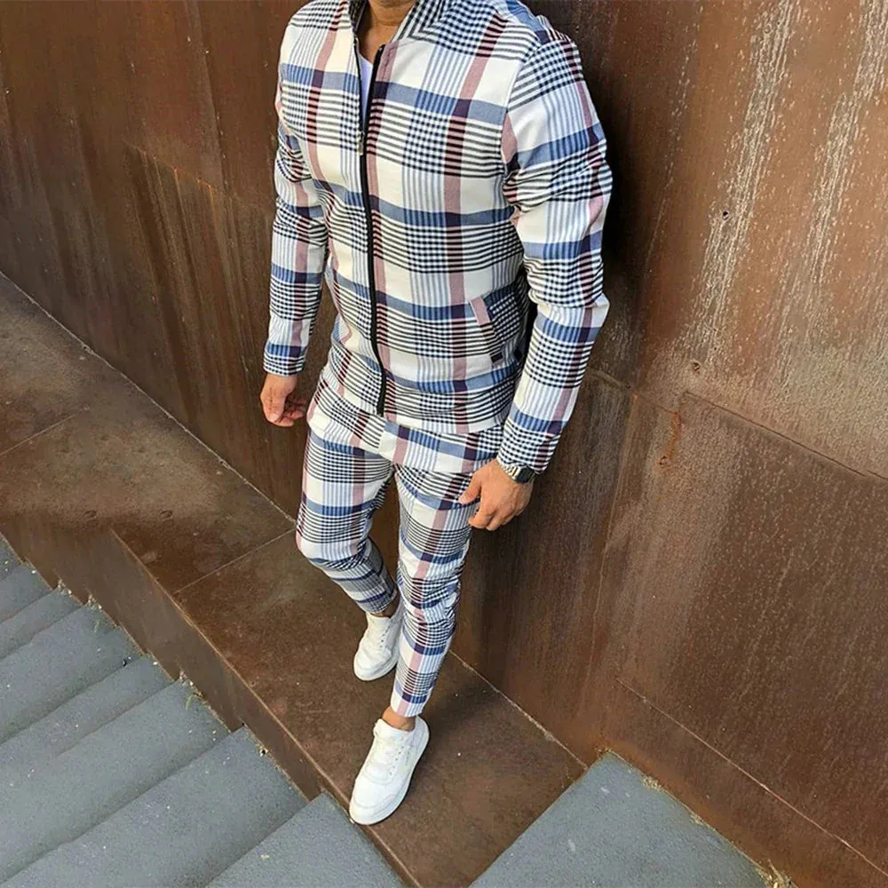 Wiaofellas  -  Autumn Two-Piece Mens Fashion Casual Printed Sportswear New Stand-Up Collar Zipper Cardigan Jacket Straight Pants Suit