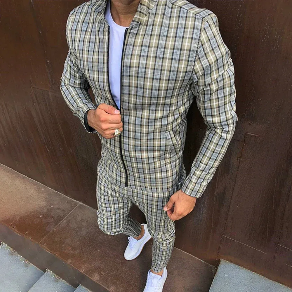 Wiaofellas  -  Autumn Two-Piece Mens Fashion Casual Printed Sportswear New Stand-Up Collar Zipper Cardigan Jacket Straight Pants Suit