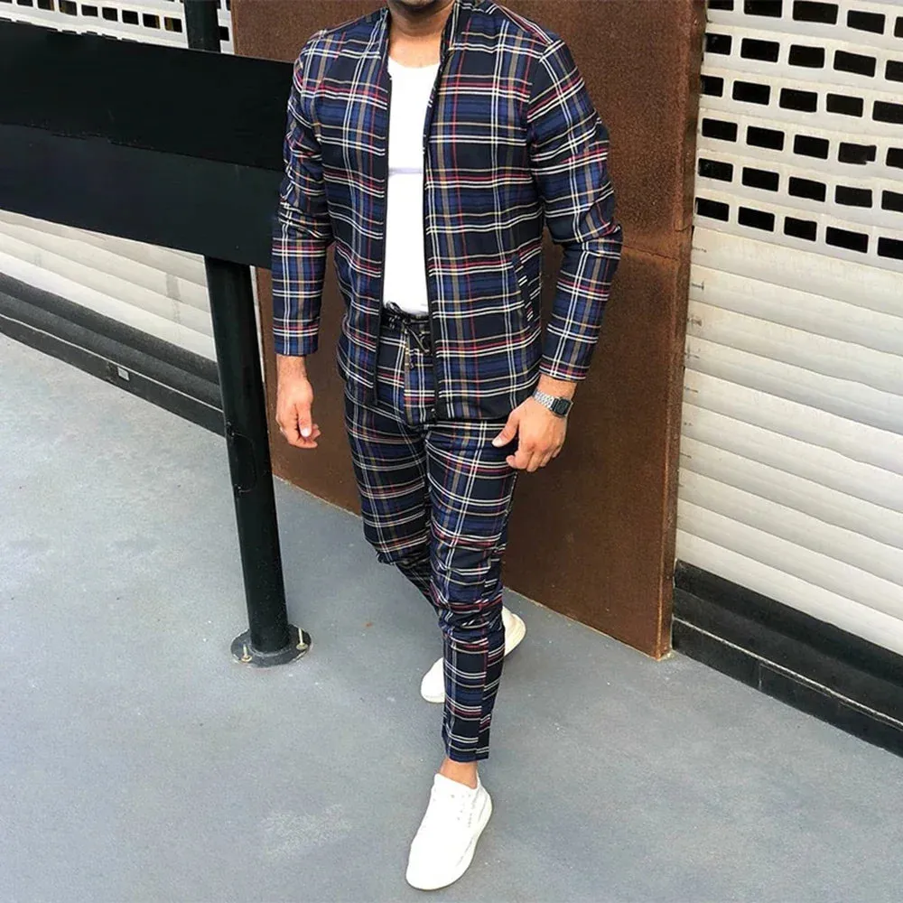 Wiaofellas  -  Autumn Two-Piece Mens Fashion Casual Printed Sportswear New Stand-Up Collar Zipper Cardigan Jacket Straight Pants Suit