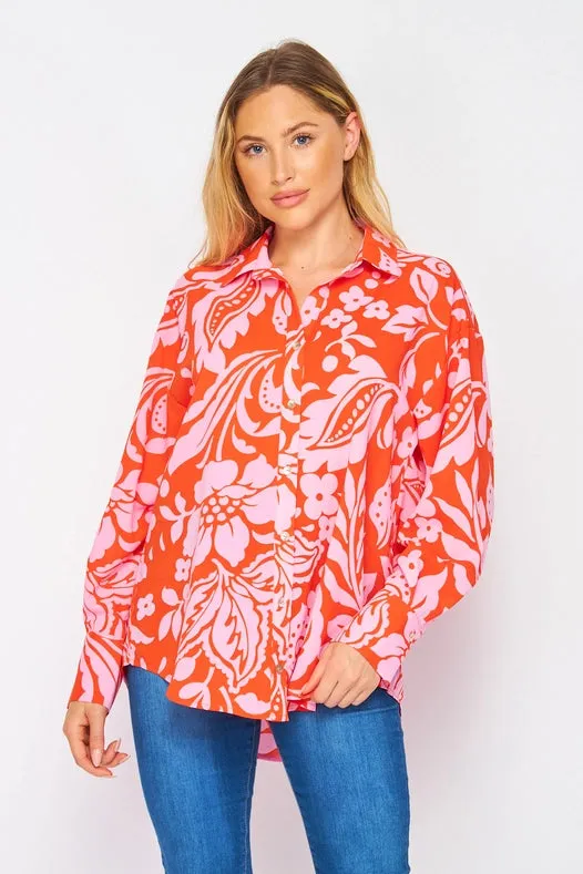 Women Woven Floral Print Long Sleeve Button Down Top Red