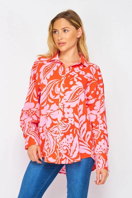 Women Woven Floral Print Long Sleeve Button Down Top Red
