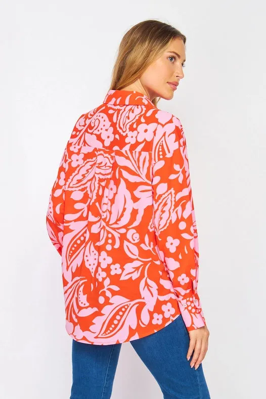 Women Woven Floral Print Long Sleeve Button Down Top Red