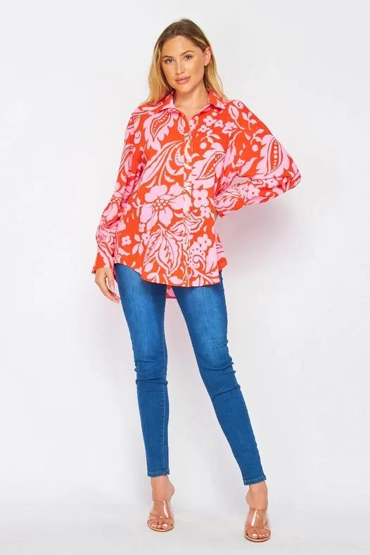Women Woven Floral Print Long Sleeve Button Down Top Red