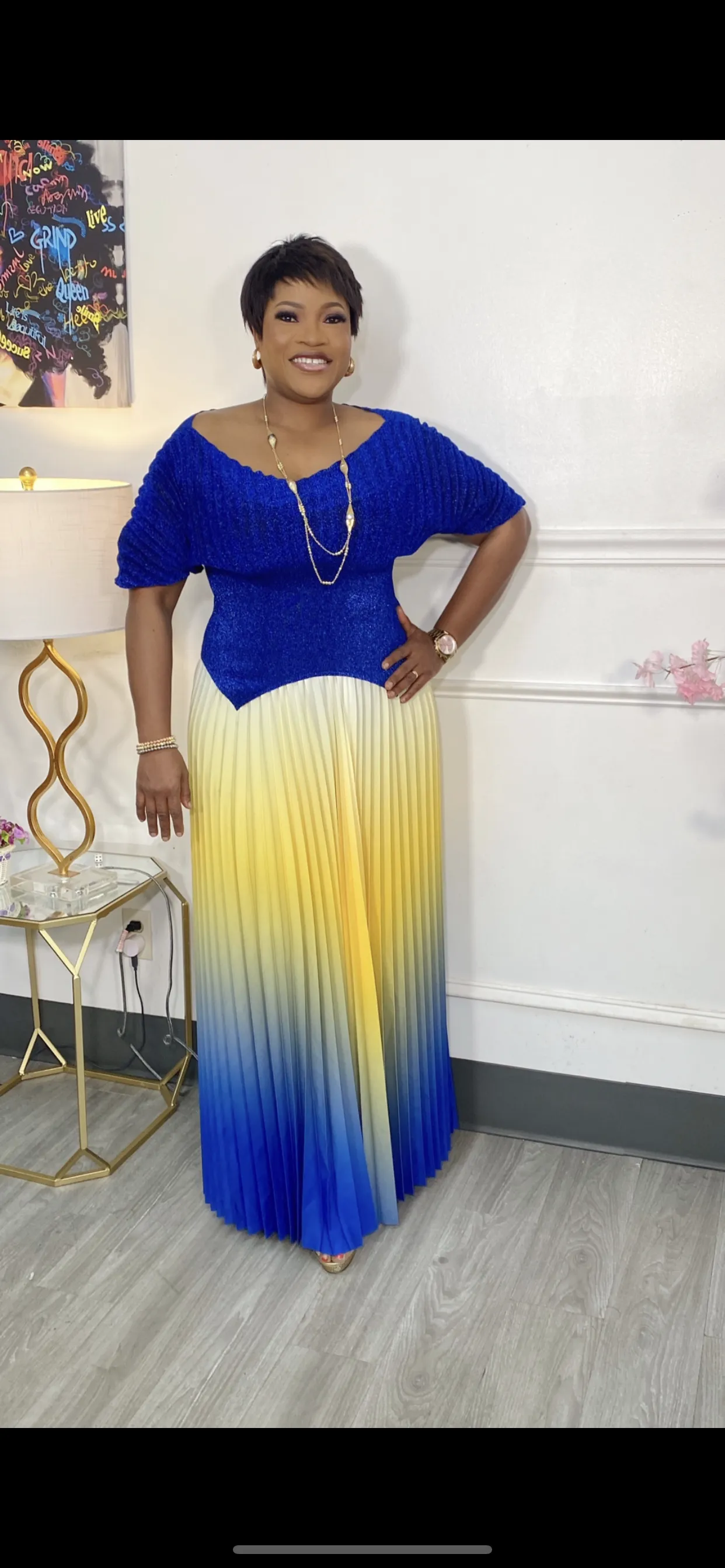 Women’s V-Neck Top with Pleated Skirt