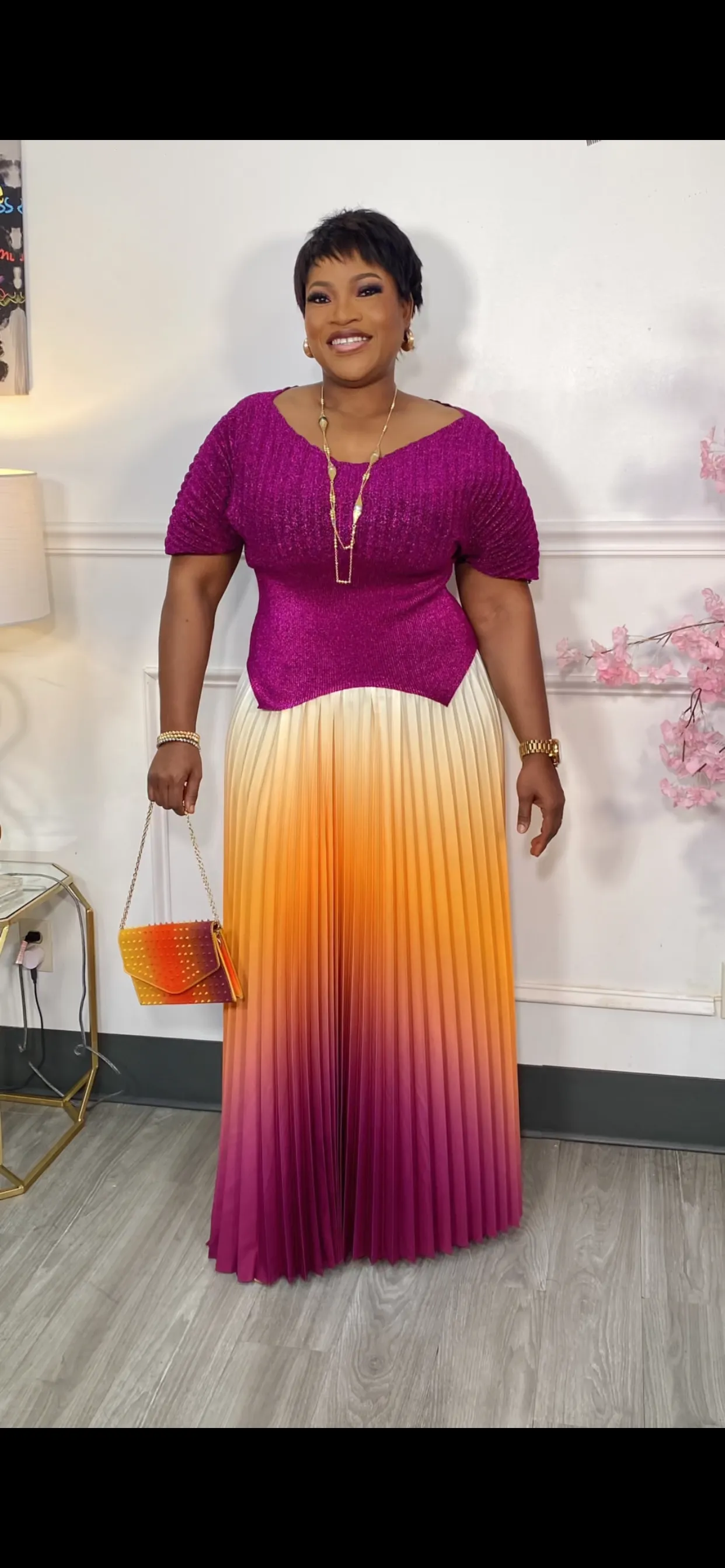 Women’s V-Neck Top with Pleated Skirt