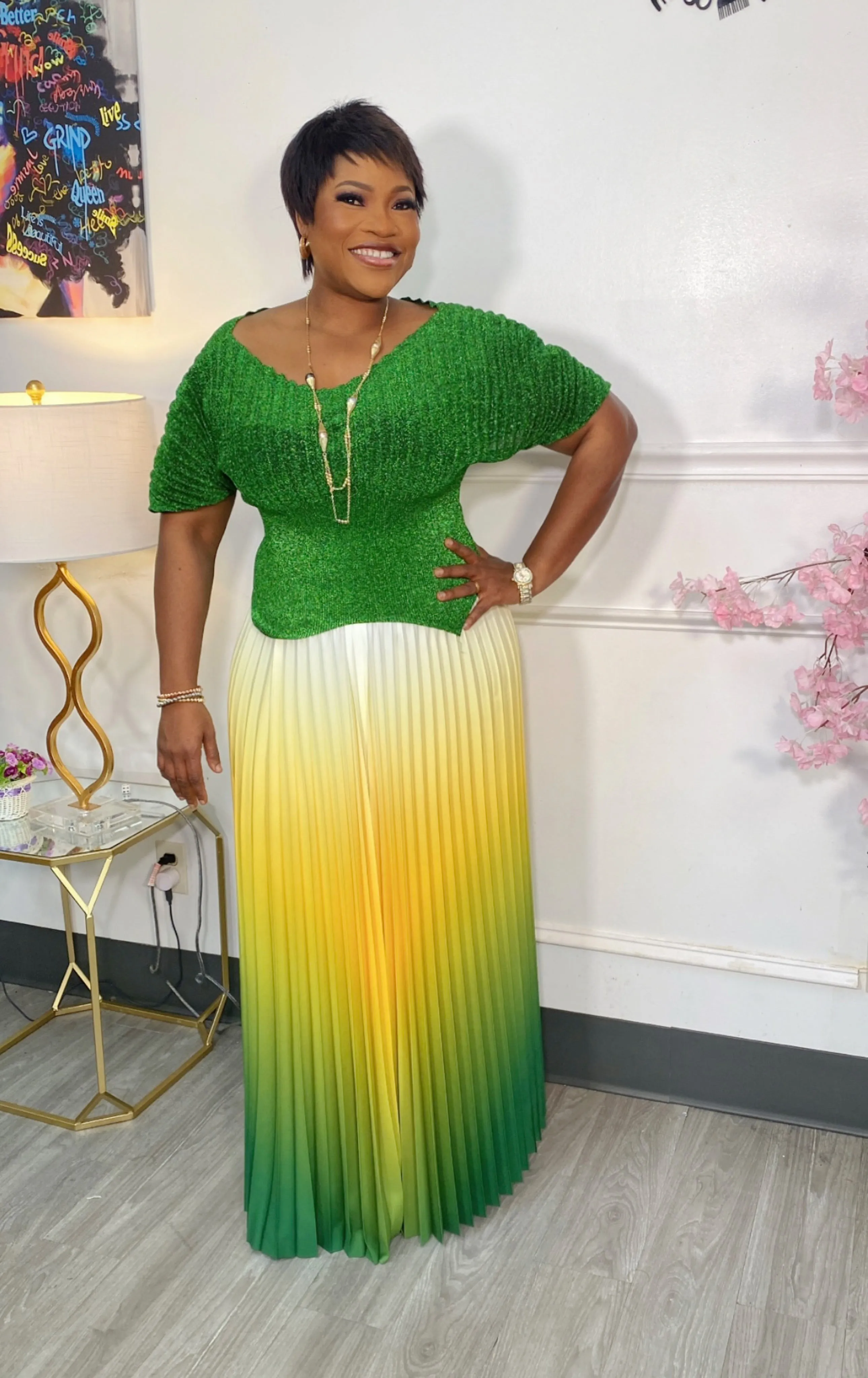 Women’s V-Neck Top with Pleated Skirt